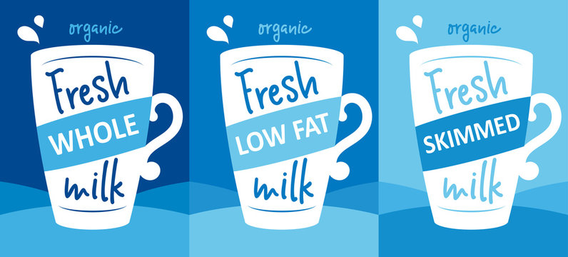 Fresh milk vector illustration - design template with whole, low fat and skimmed milk, a white bottle and lettering. Packaging idea
