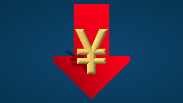 The Chinese Yuan or the Japanese Yen currency is going down. A red arrow with the monetary symbol is showing downwards on a blue background and indicates the fall.