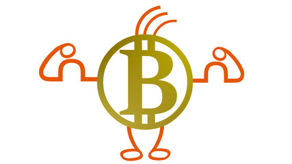 Obraz premium The cryptocurrency Bitcoin is currently strong. A golden figure with the monetary symbol on its body is flexing its muscles to show the strength. 