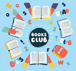 Reading club. Open books on table with hands top view vector illustration