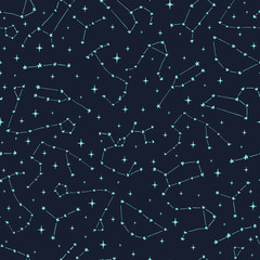 Hand drawn vector seamless pattern with zodiac constellations: aries, taurus, gemini, cancer, leo, virgo, libra, scorpio, sagittarius, capricorn, aquarius and pisces.
