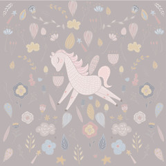 Lovely unicorns and their children in pink. Beautiful backdrop with flowers, magic sticks, leaves.