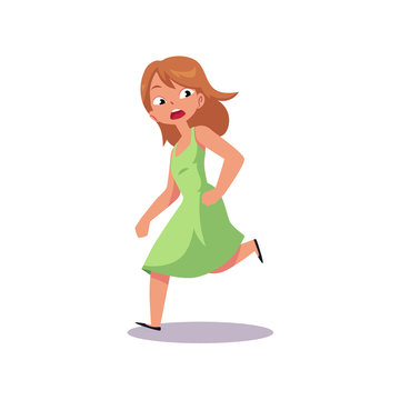 Vector flat frightened teenage girl in green dress running away. Female cartoon character chasing looking back scared, afraid of something in panik. Isolated illustration, white background.