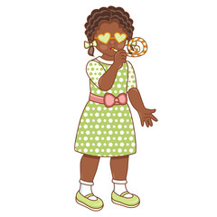 Vector flat african american black girl in summer dress, fancy heart glasses, with pigtails faving fun whistling. Isolated illustration, female child, kid character, white background