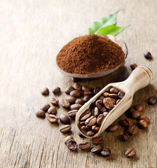 Coffee beans and an  wooden scoop