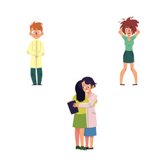 vector flat mental illness set. Woman doctor with clipboard hugging female patient, girl with mental anxiety problem holding disheveled hair, male character with madness, man in straitjacket isolated