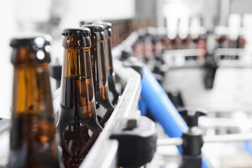 Brown beer bottles at a assembly line