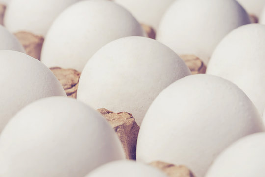 White chicken eggs in a cardboard package, background, texture