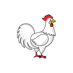 Side-view portrait of white rooster, chicken, hand-drawn vector illustration isolated on white background. Standing white rooster, hand-drawn illustration