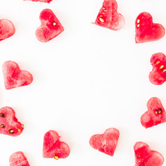 Valentine's day frame made of watermelon on white background. Flat lay, top view.