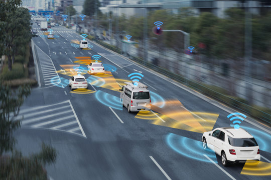 Sensing system and wireless communication network of vehicle. Autonomous car. Driverless car. Self driving vehicle.