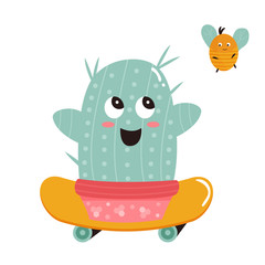 Vector illustration of cute cactus and bumblebee
