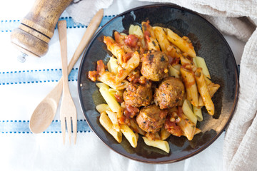 tasty penne with Meat ball and tomato sauce