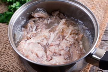 Preparation jellied meat. Homemade jellied meat. Russian traditional dish - Holodets. Natural food.