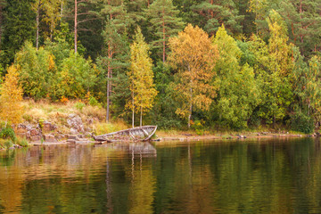 Panoramic views of the island of Valaam Bay with flooded old wooden boat. The Northern part of lake...