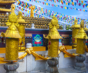 Buddhist praying flags near the monastery in Sanya, China.