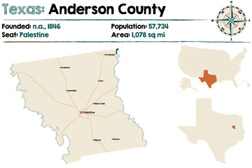 Detailed map of Anderson county in Texas, USA