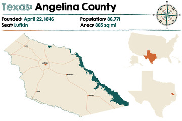 Fototapeta na wymiar Detailed map of Angelina county in Texas, USA