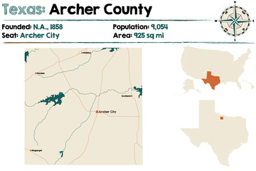 Detailed map of Archer county in Texas, USA