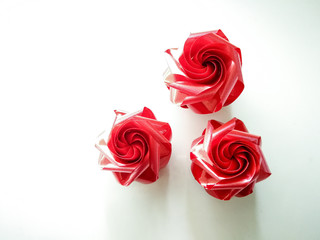 Ribbon  roses hand made craft. Red roses valentines love. 