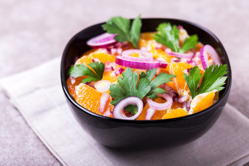 Italian Sicilian orange salad with onion, parsley. Copyspace, horizontal view.