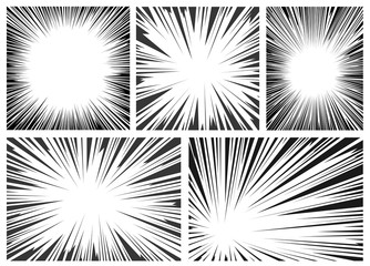 Set of black and white, gray radial lines comics style background. Manga action, speed abstract. Vector illustration. Isolated on white background