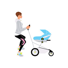 Mother doing squat exercise while she is walking with a baby. Fitness after pregnancy.