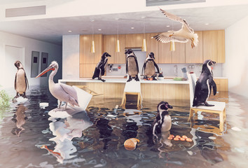 Fototapeta premium ptaki w zalanej kuchni