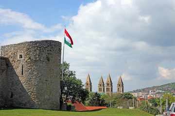 Cathedral and fortress tower with Hungarian flag Pecs Hungary