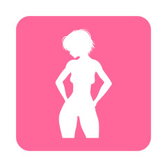 Icono plano silueta chica desnuda de pie en cuadrado rosa