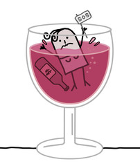 Cartoon Alcoholic Woman Drowning in a Glass of Wine