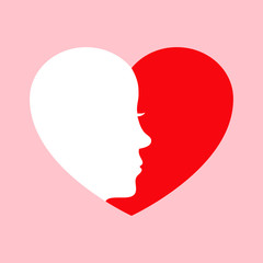 Icono plano cara mujer con corazon rojo en fondo rosa
