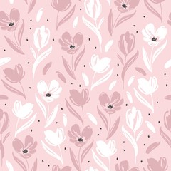 Seamless pattern with hand drawn tulip. Spring vintage background. Seamless pattern for greeting card, wrapping paper or fabric.