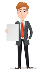 Fototapeta premium Handsome businessman in suit holding blank placard