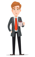 Tired businessman in suit holding cup with hot drink