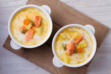 Salmon soup. Finnish salmon soup Lohikeitto. View from above, top, horizontal