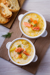 Salmon soup. Finnish salmon soup Lohikeitto. View from above, top, vertical