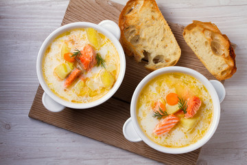 Salmon soup. Finnish salmon soup Lohikeitto. View from above, top, horizontal