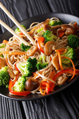 fried soba noodles with mushrooms, broccoli, carrots, peppers closeup on a plate on a table. vertical