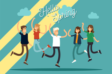 Vector illustration of happy young group of people jumping on a white background. The concept of friendship, emotions success.