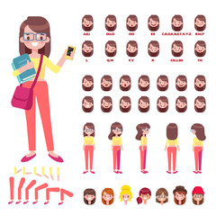 Flat Vector Student Girl character for your scenes. Character creation set with various views, hairstyles, face emotions, lip sync and poses. Parts of body template for design work and animation.