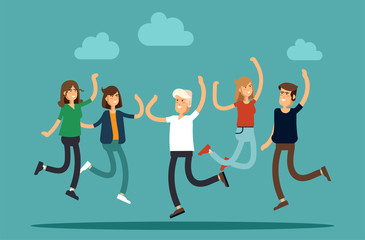 Fototapeta na wymiar Vector illustration of happy young group of people jumping on a white background. The concept of friendship, emotions success.