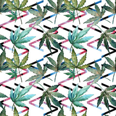 Cannabis leaves pattern in a watercolor style. Aquarelle wild leaf for background, texture, wrapper pattern, frame or border.