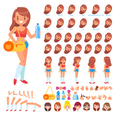 Front, side, back view animated character. Fitness girl creation set with various views, hairstyles, face emotions, poses and gestures. Cartoon style, flat vector illustration.