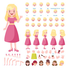 Flat Vector  Girl character for your scenes. Character creation set with various views, hairstyles, face emotions, lip sync and poses. Parts of body template for design work and animation.