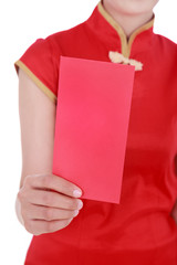 hand holding red envelope in concept of happy chinese new year isolated on white background