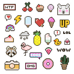 Vector patch set - pixel 80s-90s style design. Isolated illustrations - great for stickers, embroidery, badges. Set of colorful cartoon badges.
