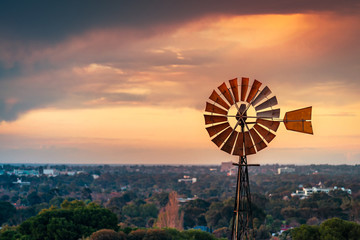 Vintage windmill at sunset in South Australia
