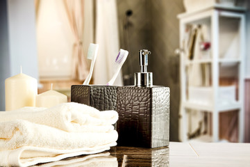 desk of free space and towel decoration in bathroom 