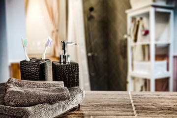 desk of free space and towels decoration in bathroom 